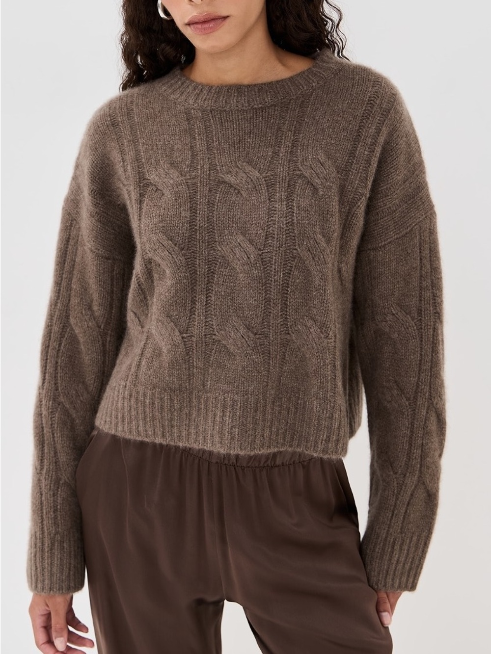 Sablyn Tristan cashmere cable knit crewneck sweater in Swiss brown